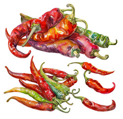 A set of watercolor illustrations of colored chili peppers. Groups of chili peppers in various shades, realistic watercolor style isolated on a transparent background. PNG cut onto transparent back.