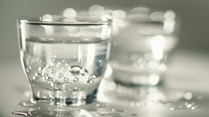 Glasses filled with clear colorless liquid that resembles vodka but without the alcoholic content giving guests the option for a nonalcoholic alternative. - obrazy, fototapety, plakaty