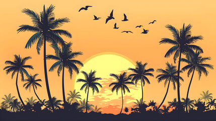 Fototapeta na wymiar Tropical vector illustration featuring palm trees swaying in warm breeze. Summer vibes