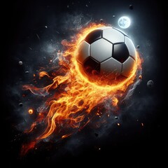 Fototapeta premium Soccer ball flying on fire isolated on a black background