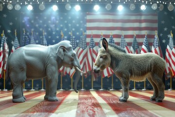 Elephant vs donkey political debate. Metaphor with Republicans and Democrats in US politics.