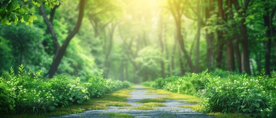 The photo shows a beautiful green forest with a path going through it. The sun is shining through the trees.