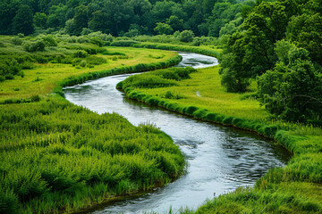 Lush green landscape with a river winding through forested hills and fields