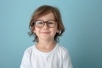 A child smiles with glasses on a plain background. Children's vision and eye health concept