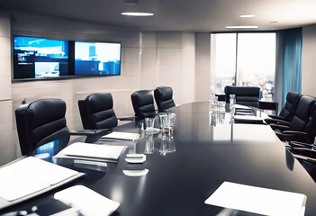 'Boardroom business conference empty corporate window architecture table chair interior indoor construction glassy board commercial company corporation director discussion employee financial'