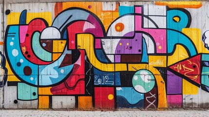 colorful graffiti adorns the wall of a building, with a bicycle parked nearby and a person's head v
