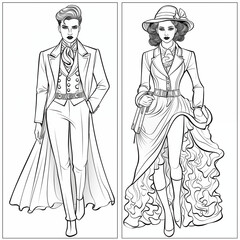 coloring page of fashion coloring book for adults event clothes, black and white