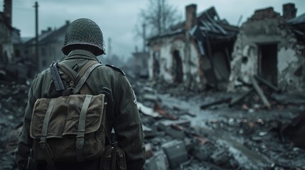 Epic back view of WW2 soldier on battlefield in destroyed eurpoean town. World War II