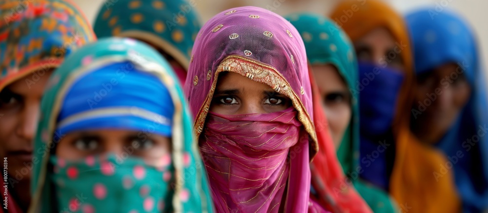 Wall mural indian, bengali or pakistani muslim women in group with covered face and headscarf looking at the ca