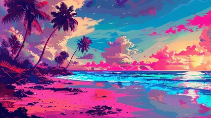 a colorful sunset over a beach with palm trees