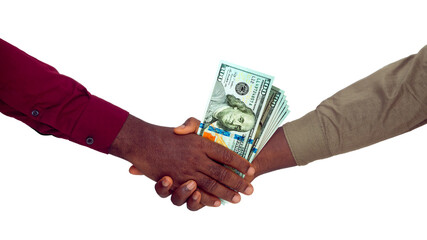 Two black hands in long sleeve shirts Shaking each other and Receiving US dollar notes over...