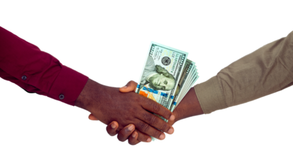 Two black hands in long sleeve shirts Shaking each other and Receiving US dollar notes over transparent Background, dollars
