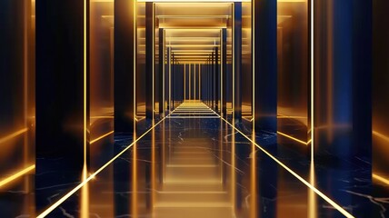 Obraz premium Symmetrical perspective of modern corridor with glowing gold and blue lights