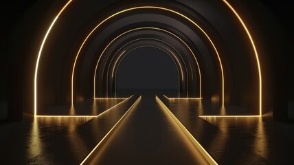 Illuminated archway hallway with reflective floor and ambient lighting