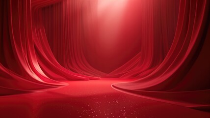 Vibrant red stage with closed curtains and spotlighted floor awaiting performance