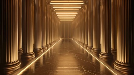 Illuminated corridor with classical columns and reflective floor