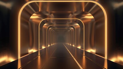 Illuminated futuristic tunnel with arches and reflective floor