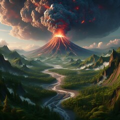 landscape volcano erupting - obrazy, fototapety, plakaty