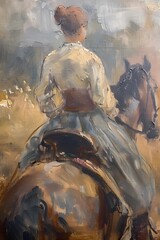 Abstract Oil painting features a beautiful woman  riding a horse on the field  wall art, moody vintage farmhouse style digital art print, wallpaper, background