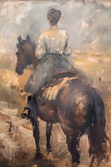 Abstract Oil painting features a beautiful woman  riding a horse on the field  wall art, moody vintage farmhouse style digital art print, wallpaper, background