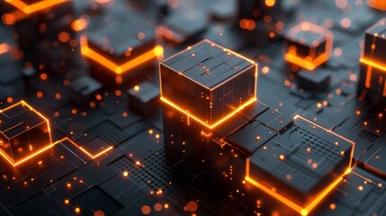 The image is a glowing orange circuit board with a futuristic design