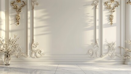Elegant white interior with decorative wall molding and natural light