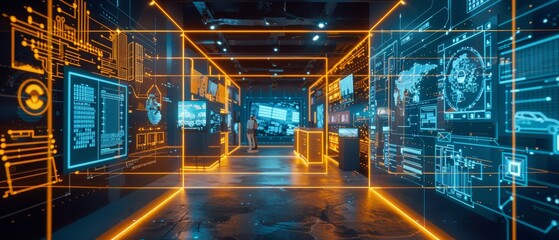 The image is a futuristic view of a city. The tall buildings are lit up by neon lights. The image is full of color and energy.