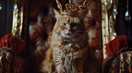 The cat in the crown sits on the throne. Black background.