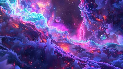 a vast, colorful space filled with a variety of objects including a planet, stars, and a distant ga