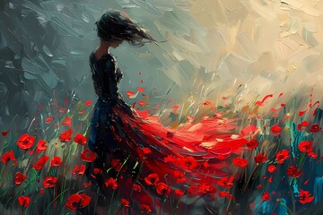 Abstract Oil painting features a beautiful woman lady in the flower field wall art, moody vintage farmhouse style digital art print, wallpaper, background