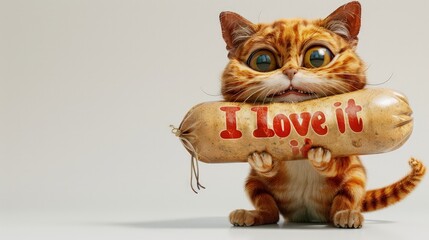 The cat is holding a big sausage with the inscription " I love it ". White background.