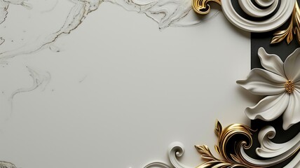 Luxurious white and gold floral design on marble background with elegant swirls