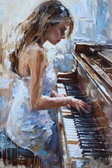 Abstract Oil painting features a beautiful woman lady playing piano wall art, moody vintage farmhouse style digital art print, wallpaper, background