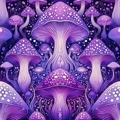 Magical Mushroom Pattern in Kaleidoscope of Violet Shades and Tones. Psychedelic Fantasy. Seamless Repeating Tile.