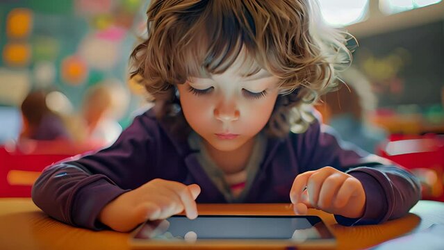 Little Boy Using Tablet at Table