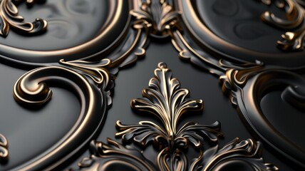 Luxurious pattern with ornate, baroque-style embellishments in black and gold tones