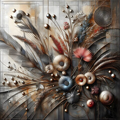 Abstract, with metal elements, texture background, flowers, and plants in it, Modern art