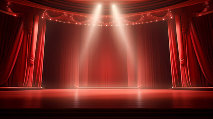 Red stage with curtain and spotlight