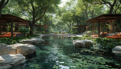 The Help Desk Oasis, serene oasis in a bustling digital landscape, with a tranquil pond surrounded by lush greenery and comfortable seating areas. 