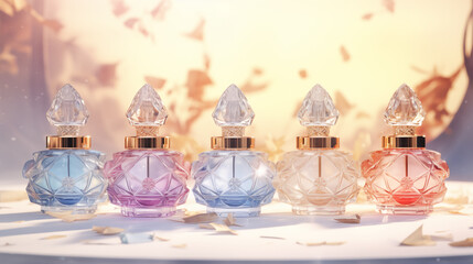 Five glass perfume bottles in blue, orange, red, and purple are arranged in a line on a white table with some confetti. The whole setup is against a yellow blurred background.