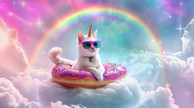 The cat unicorn in sunglasses with a color donut is sitting on the cloud like a couch. The rainbow is behind him. Stars background.