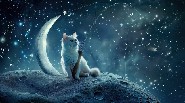 The cat unicorn is cat chting space stars with a fishing rod on the comfortable moon.