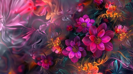 a colorful arrangement of flowers in shades of pink, purple, yellow, and orange, with scattered pet