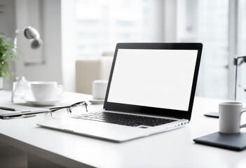 Fototapeta premium 'mockup computer laptop notebook space working office white modern three-dimensional background blank screen business comfortable contemporary creative design desk desktop display home'