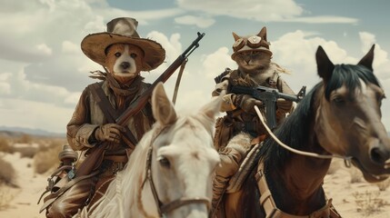 The dog cowboy in a brown hat and boots with a rifle on a white horse and the cat soldier with a army backpack.
