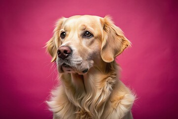 A golden retriever sits front left in a close-up photo studio. There is lighting like in a pink background photography studio. - Powered by Adobe