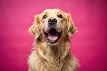 Golden Retriever dog sitting with a smiling face in a close-up photo studio There is lighting like in a pink background photography studio. - Powered by Adobe
