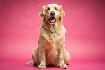 Golden Retriever dog sitting with a smiling face photo studio There is lighting like in a pink...