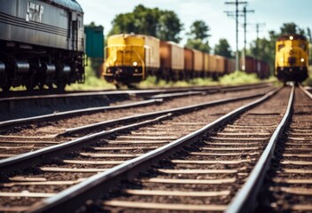 Fototapeta premium 'train freight transport mountain container landscape country grass meadow outdoors transportation pasture peaceful rural cargo good track'