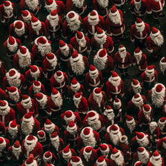 Seamless pattern of crowd of Santa Clauses, aerial view